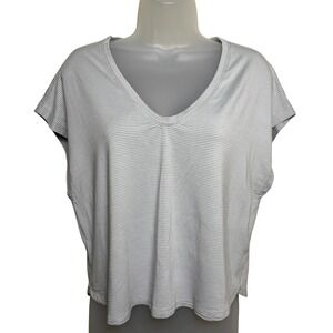 GXF Silver Gray V-Neck Striped Boxy Fit Stretch Short Sleeve Top Blouse Womens M